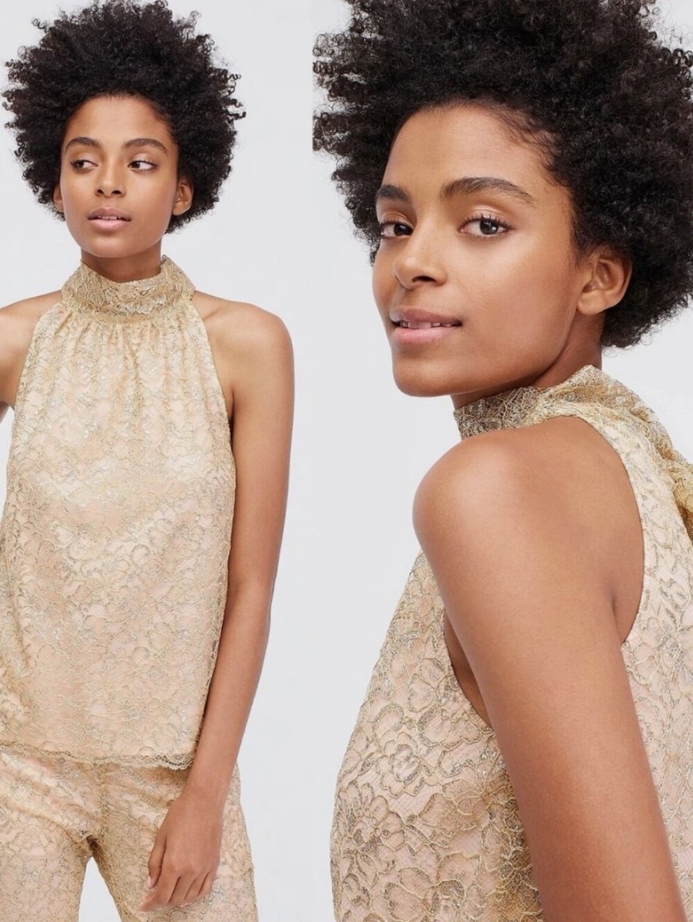 ✨️ J. Crew chic halter lace top in a metallic and soft cream tone